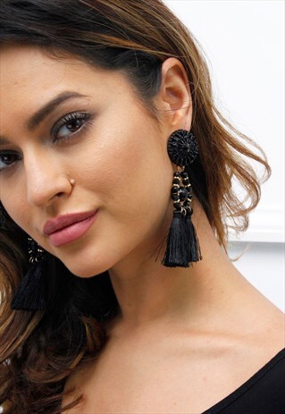 BLACK TASSEL FRINGE BEADED CHANDELIER DROP EARRINGS