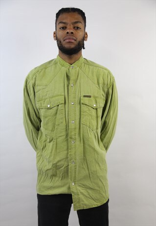 VINTAGE 90'S GREEN GRANDFATHER COLLAR SHIRT