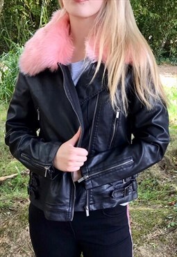 Black Faux Leather (Removable - Pink Collar) Biker Jacket