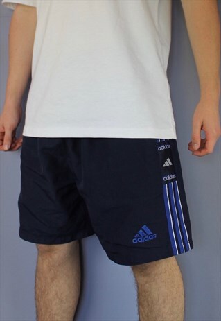 VINTAGE ADIDAS SHORTS IN NAVY WITH POCKETS, EMBROIDERED LOGO