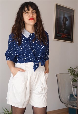VINTAGE 80S SHORT SLEEVE POLKADOT BLUE COLLAR SHIRT