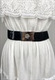 70'S BLACK VINTAGE SILVER CHROME LADIES STRETCHY BELT