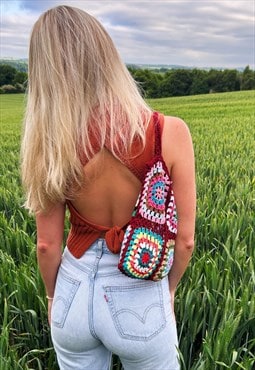 Burgundy Handmade Crochet Shoulder Tote Bag For Summer