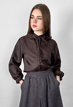 70's Vintage Brown Ruffle Ladies Long Sleeve Blouse