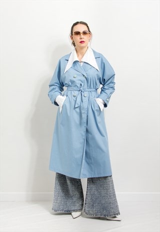Vintage 90's light trench in blue belted coat women M/L