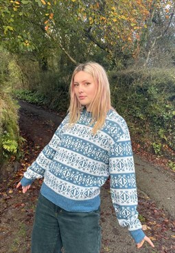 Vintage Winter Knitted Abstract Patterned Grandad Jumper