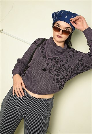 80'S RETRO FLORAL SLOUCHY KNIT JUMPER IN PURPLE