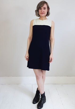 VINTAGE 90'S DARK BLUE AND CREAM TWO TONE SHIFT DRESS