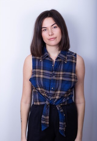 REWORKED CHECK SLEEVELESS TIE SHIRT