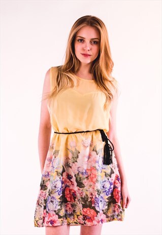 MULTI FLORAL DAISY PRINT CHIFFON SHORT SHIFT DRESS IN YELLOW