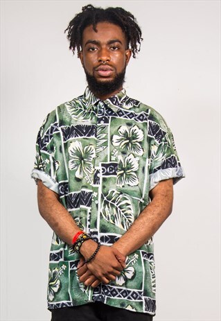 90'S VINTAGE GREEN HAWAIIAN SHORT SLEEVE SHIRT
