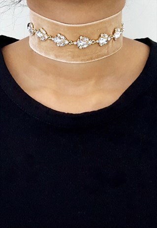 MEDIUM VELVET- BEIGE & RHINESTONE TEARDROP WRAP CHOKER -GOLD