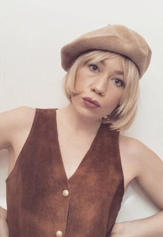 BEIGE VINTAGE WOOL BERET BEANIE HAT