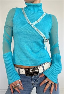 Vintage Y2k Jumper Knit Mesh Turtle Neck Sweater 2000s 90s