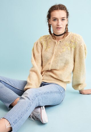 80'S RETRO SHIMMER KNIT NEUTRAL PUFF SLEEVE CARDIGAN