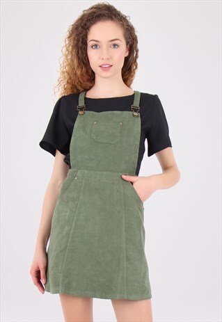 KHAKI SUEDE DUNGAREE PINAFORE DRESS