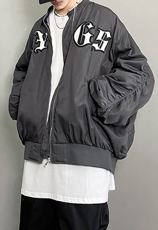 BLACK EMBROIDERED OVERSIZED BOMBER JACKET Y2K