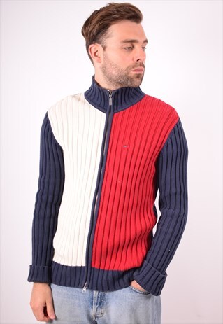 TOMMY HILFIGER MENS VINTAGE CARDIGAN SWEATER LARGE MULTI 90S