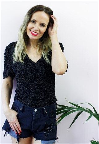 VINTAGE 90'S BLACK BEADED FESTIVAL SCALLOPED BLOUSE TOP