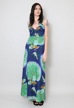  70's Vintage Dress Blue Green Peacock Print Slip Maxi