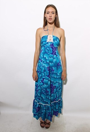 VINTAGE 1960'S 60'S HAWAIIAN HALTER MAXI DRESS FLORAL XS-S