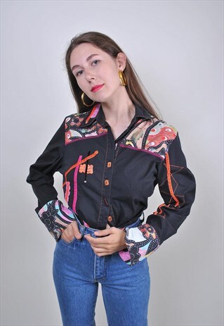 70S ABSTRACT HERITAGE SHIRT, HIPPIE BLACK BLOUSE EMBROIDERY