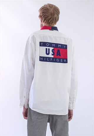 RARE 90S VINTAGE MENS TOMMY HILFIGER BIG LOGO USA SHIRT