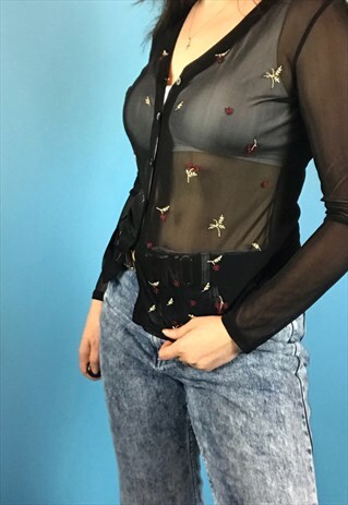 90S Y2K SHEER BLACK EMBROIDERED MESH CARDIGAN TOP 8/10