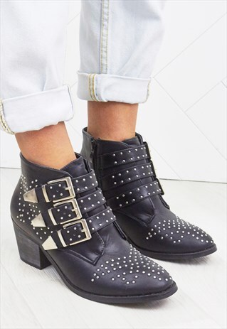 AIMEE BLACK STUDDED ANKLE BOOTS WITH BUCKLES