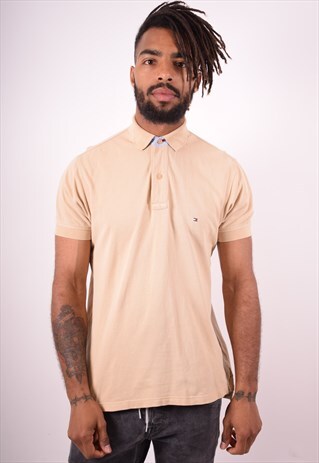 TOMMY HILFIGER MENS VINTAGE POLO SHIRT SMALL BEIGE 90S
