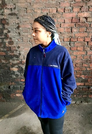 VINTAGE TOMMY HLFIGER ZIP THROUGH SPELLOUT BLUE FLEECE