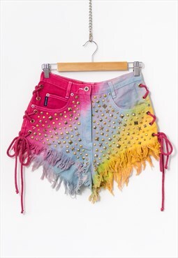 Lace up cut-off denim shorts in rainbow upcycled 