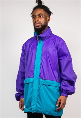 90'S VINTAGE K WAY PURPLE GREEN COLOUR BLOCK CAGOULE JACKET
