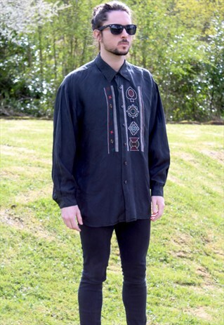 VINTAGE 80S ART WESTERN NERD SILK SHIRT - LARGE