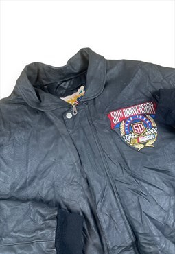 Nascar Vintage 90s Black collared leather jacket Embroidered