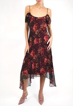 Vintage Y2K Floral Midi Dresses, Frilly Ruffle Detail