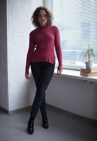 VINTAGE 70'S PINK RIBBED HIGH COLLAR TOP