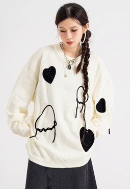 Heart sweater knitted fleece patch distressed top cream