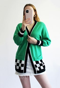 Vintage 80s Yarell Green Checkerboard Jumper Cardigan