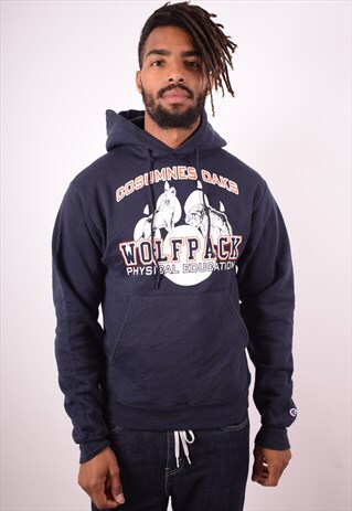 CHAMPION MENS VINTAGE HOODIE JUMPER SMALL NAVY BLUE 90S