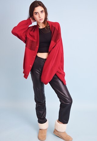 90'S RETRO RED KNIT OVERSIZED DADS CARDIGAN TOP