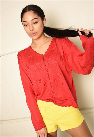 VINTAGE 90S PARIS CHIC EMBROIDERED CARDIGAN IN RED KNIT
