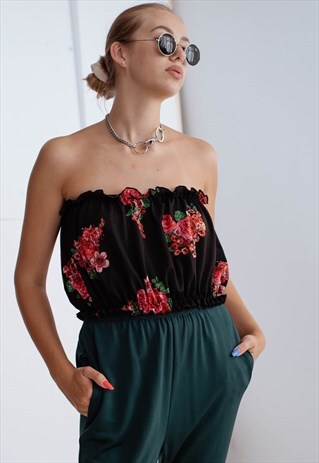 VINTAGE REWORKED RUCHED FLORAL CROP TOP IN BLACK S/M/L