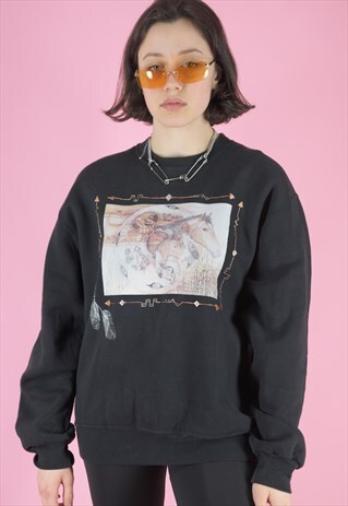 VINTAGE 90S SWEATSHIRT JUMPER IN BLACK WITH HORSE PRINT