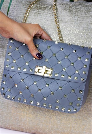 GREY GOLD STUDDED BOX CHAIN STRAP BAG