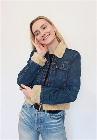VINTAGE LEVI'S BLUE CROPPED SHERPA SHEEPSKIN DENIM JACKET