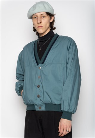 PETROL GREYISH BUTTON-UP V-NECK BOMBER JACKET L