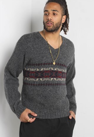 VINTAGE 90'S GRANDAD KNIT WOOL JUMPER GREY