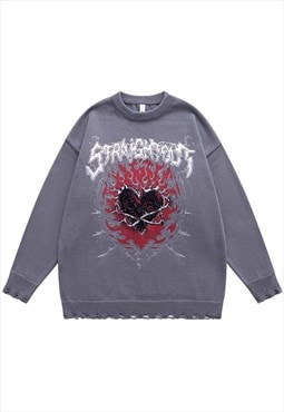 Gothic sweater ripped jumper heart print knitted top in grey