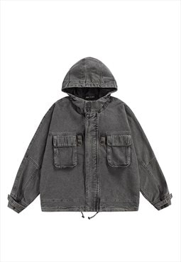 Hooded denim jacket raised neck jean pullover utility bomber